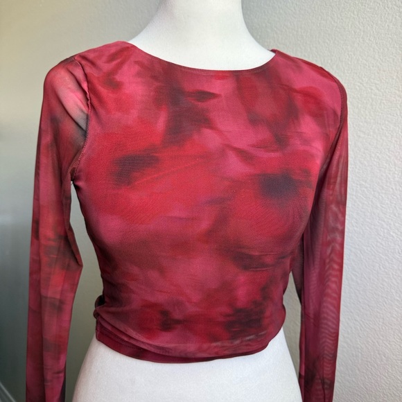 Princess Polly Tops - Princess Polly Red Mesh Tie-Dye Long Sleeve Crop Top